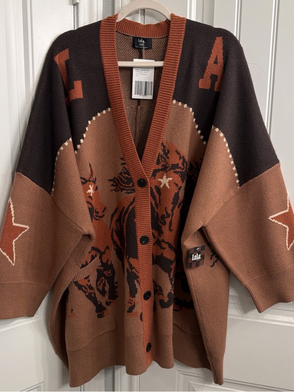 Dressed in Lala - horse karma  Western-Print Cardigan Sweater - Rust & Chocolate